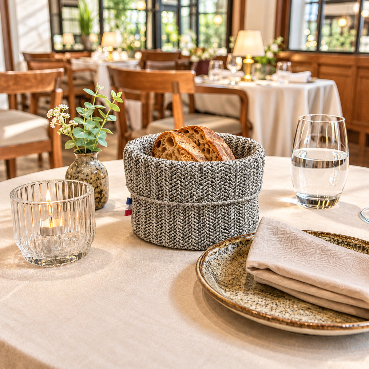 Panière à pain ronde effet tissu, fabriquée à la main dans le nord de la France. Facile à laver, idéale pour restaurants, hôtels et cafés.
