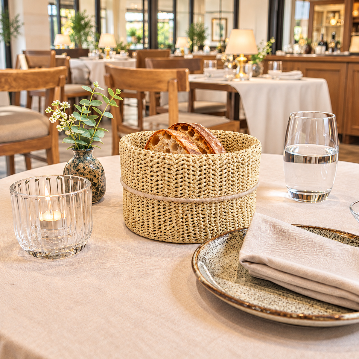 Panière à pain ronde effet tissu, fabriquée à la main dans le nord de la France. Facile à laver, idéale pour restaurants, hôtels et cafés.