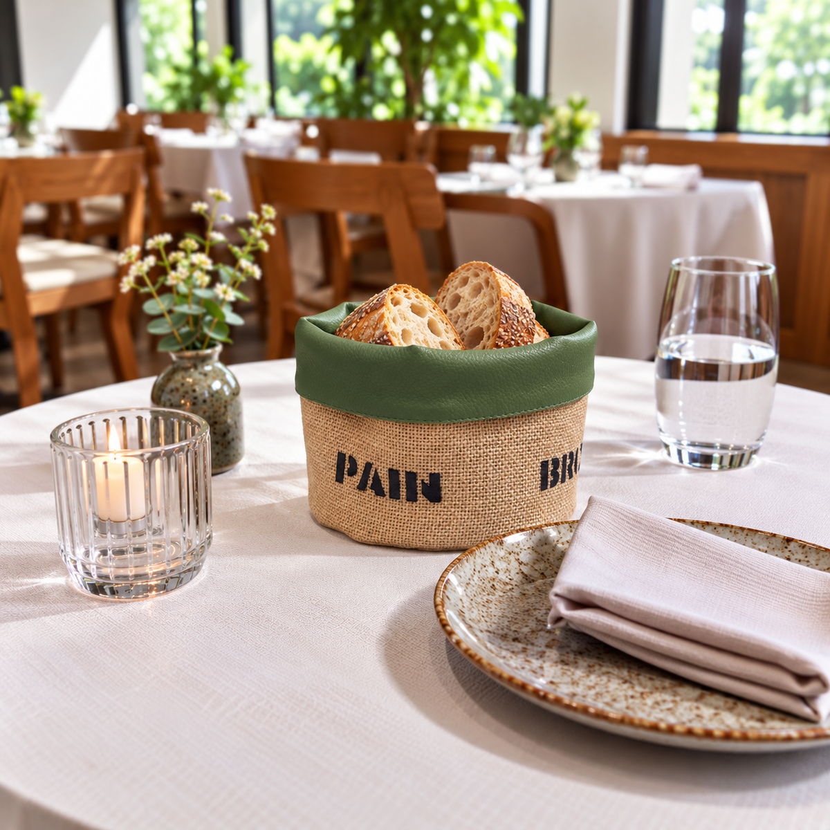 Panière à pain ronde en jute et similicuir, fabriquée à la main. Facile à entretenir, idéale pour restaurants, hôtels et cafés.