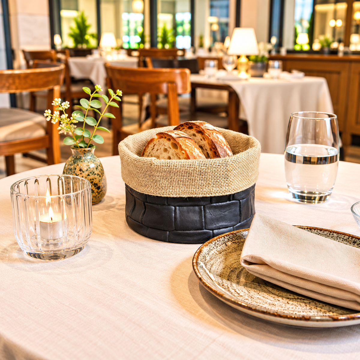 Panière à pain ronde en similicuir imperméable et jute, fabriquée à la main. Facile à entretenir, idéale pour restaurants, hôtels et cafés.