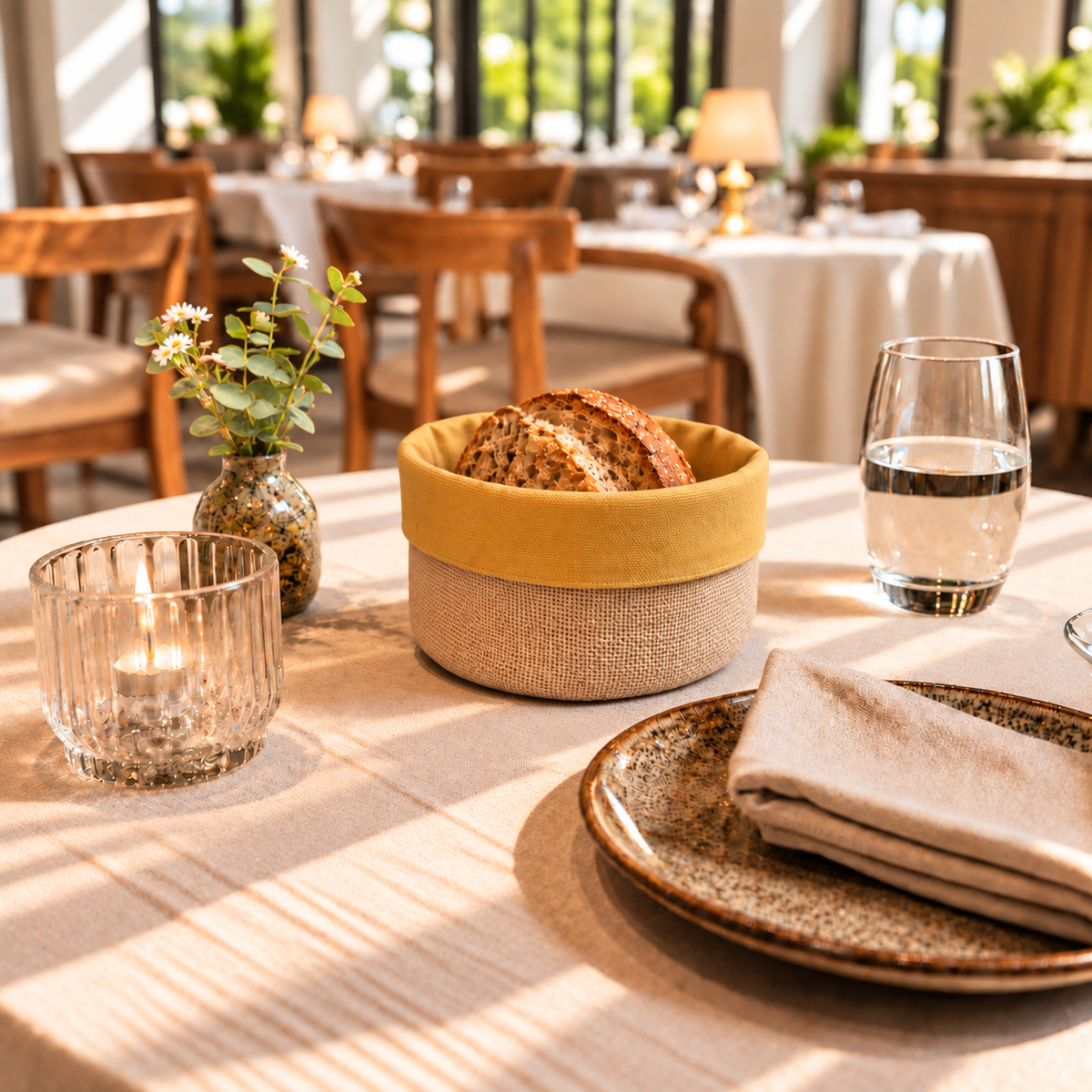 Panière à pain ronde en jute et tissu, fabriquée à la main. Facile à entretenir, idéale pour restaurants, hôtels et cafés.