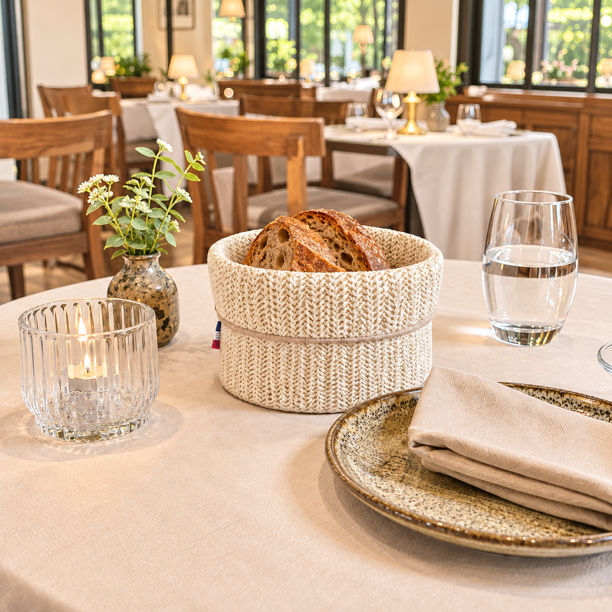Panière à pain ronde effet tissu, fabriquée à la main dans le nord de la France. Facile à laver, idéale pour restaurants, hôtels et cafés.