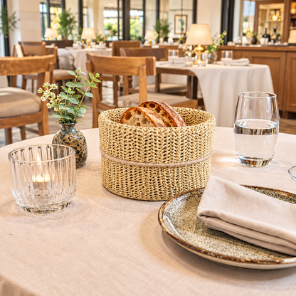 Panière à pain ronde effet tissu, fabriquée à la main dans le nord de la France. Facile à laver, idéale pour restaurants, hôtels et cafés.