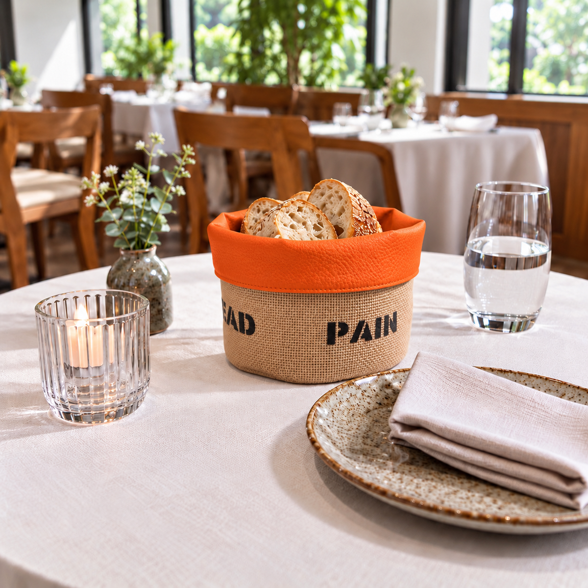 Panière à pain ronde en jute et similicuir, fabriquée à la main. Facile à entretenir, idéale pour restaurants, hôtels et cafés.