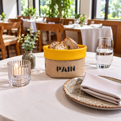 Panière à pain ronde en jute et similicuir, fabriquée à la main. Facile à entretenir, idéale pour restaurants, hôtels et cafés.