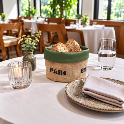 Panière à pain ronde en jute et similicuir, fabriquée à la main. Facile à entretenir, idéale pour restaurants, hôtels et cafés.