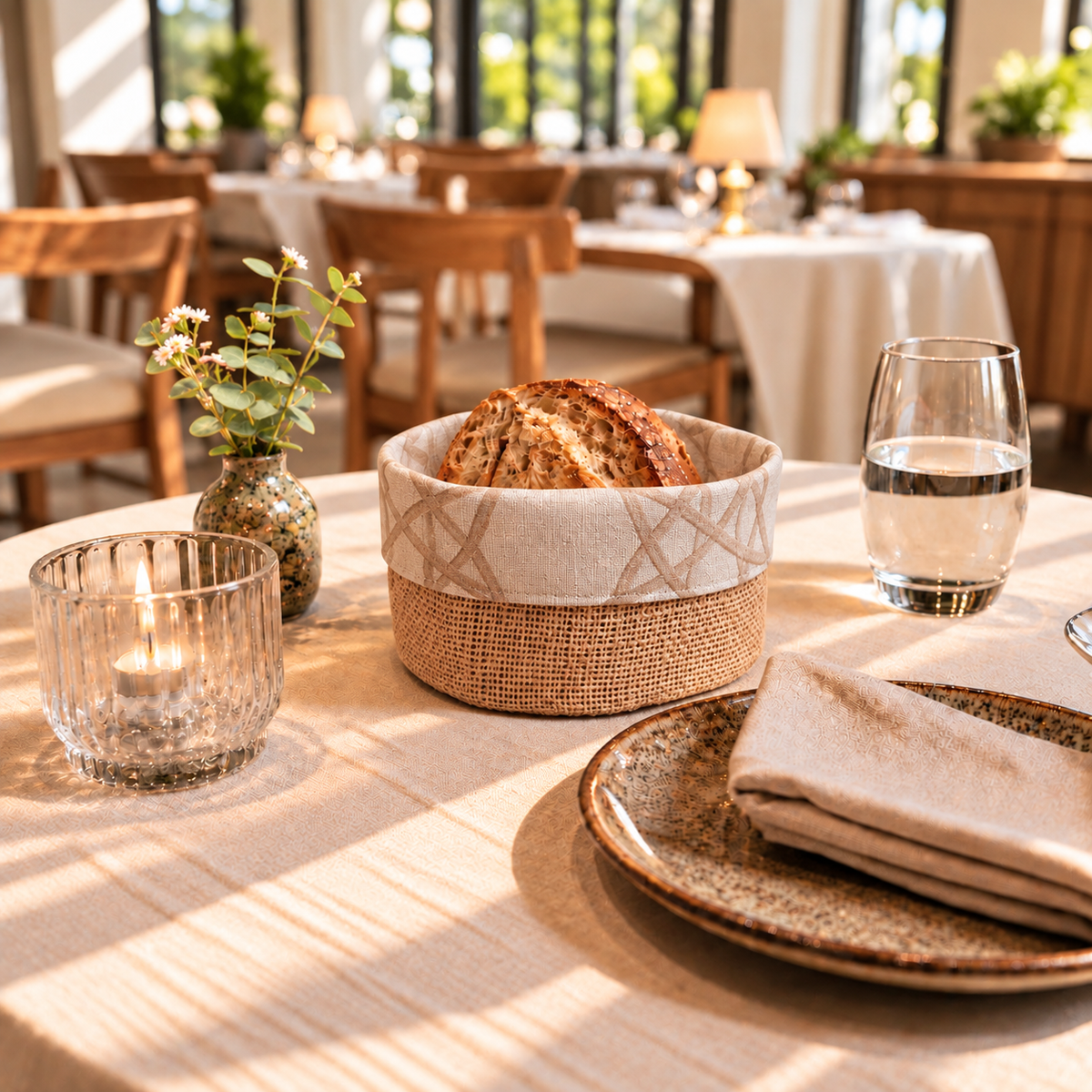 Panière à pain ronde en jute et similicuir imperméable, fabriquée à la main. Facile à entretenir, idéale pour restaurants, hôtels et cafés.