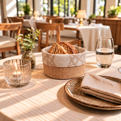 Panière à pain ronde en jute et similicuir imperméable, fabriquée à la main. Facile à entretenir, idéale pour restaurants, hôtels et cafés.