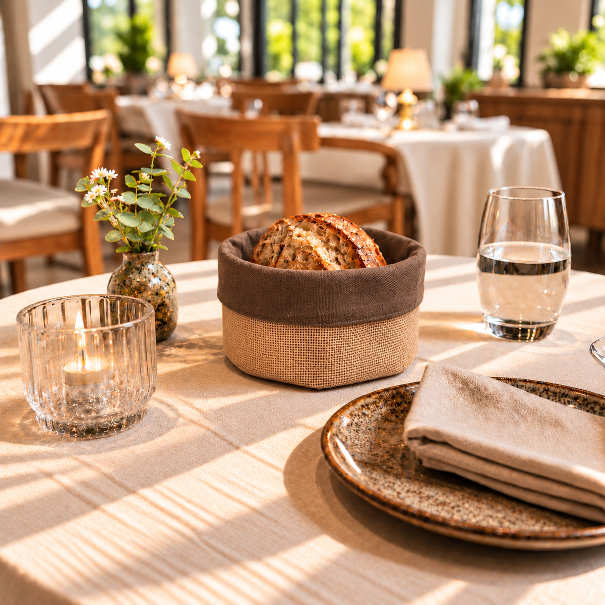 Panière à pain ronde en jute et tissu, fabriquée à la main. Facile à entretenir, idéale pour restaurants, hôtels et cafés.