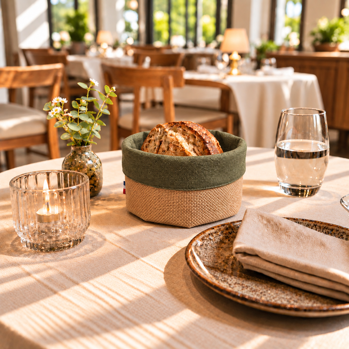 Panière à pain ronde en jute et tissu, fabriquée à la main. Facile à entretenir, idéale pour restaurants, hôtels et cafés.
